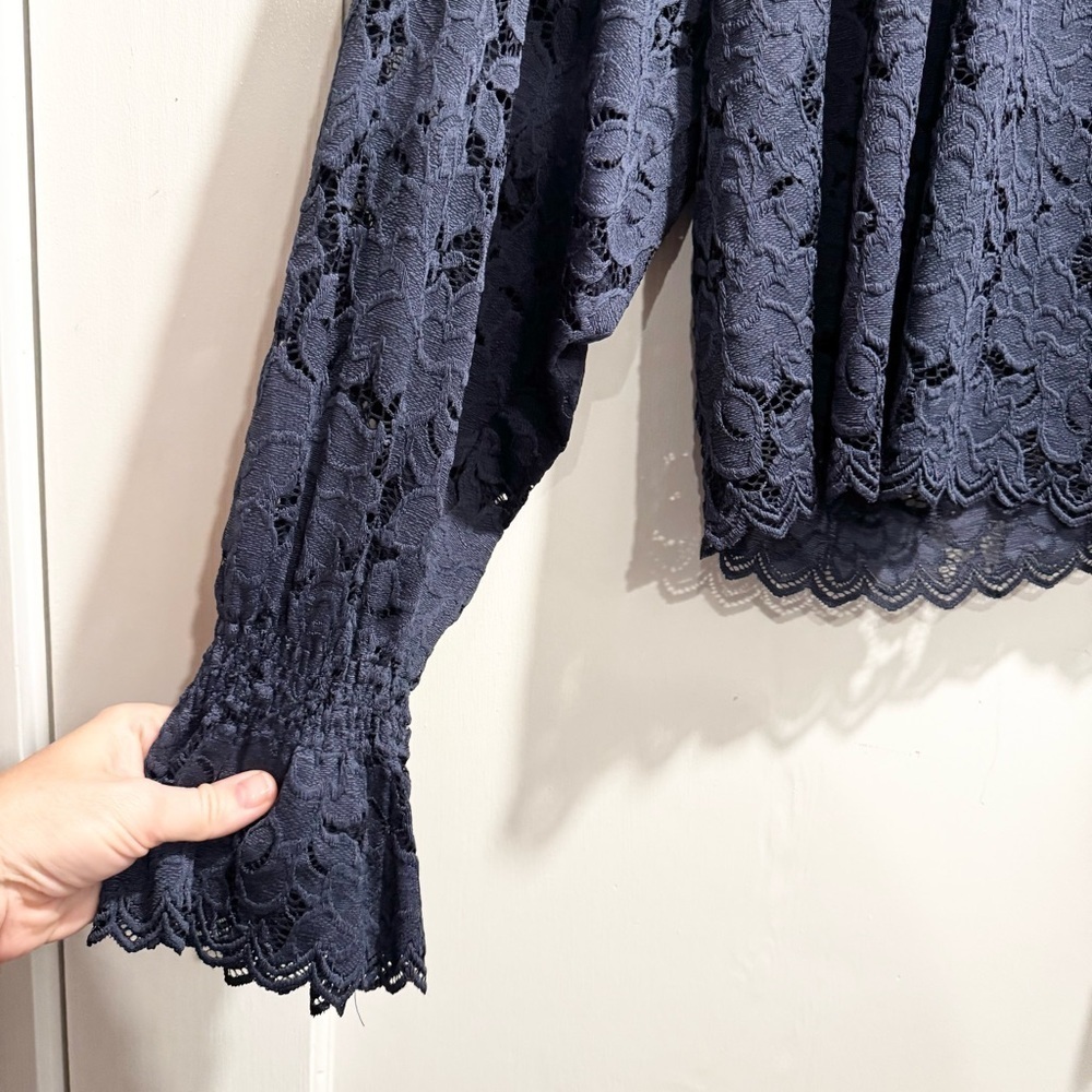 Free People Olivia Floral Lace Top Navy Blue Medium Boho Sheer Peasant Cottage - Picture 8 of 13
